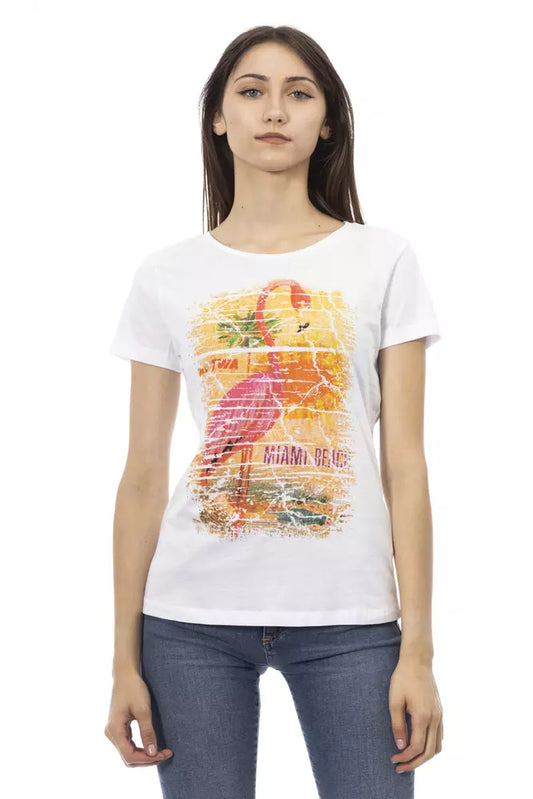 Woman wearing white t-shirt with colorful graphic design
