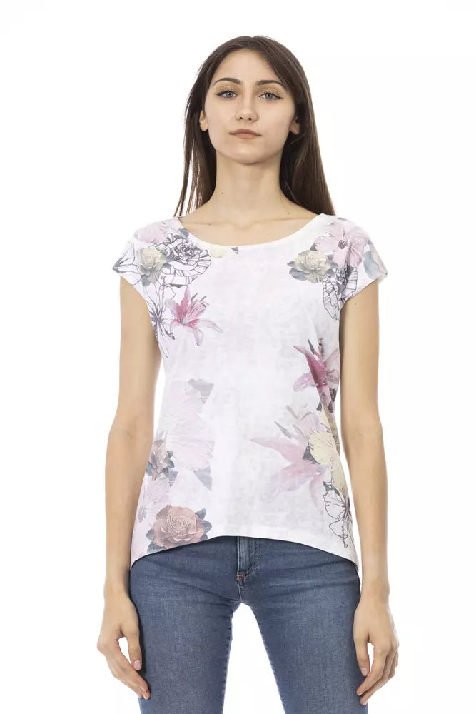 Woman wearing floral print top