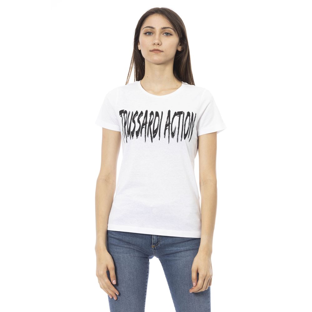 White t-shirt with black text