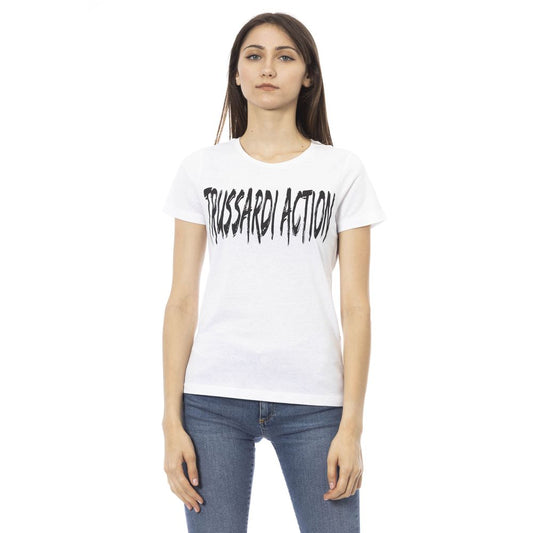 White t-shirt with black text