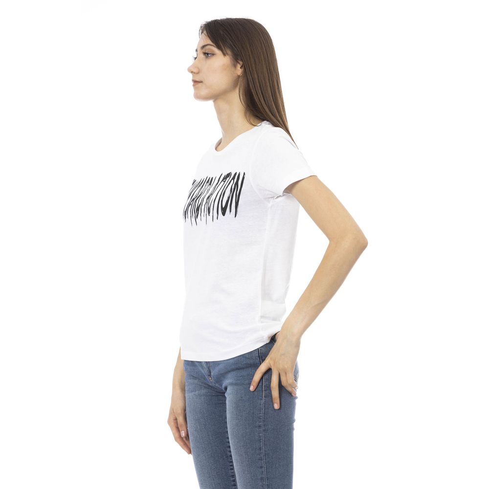 Woman wearing white t-shirt with black lettering