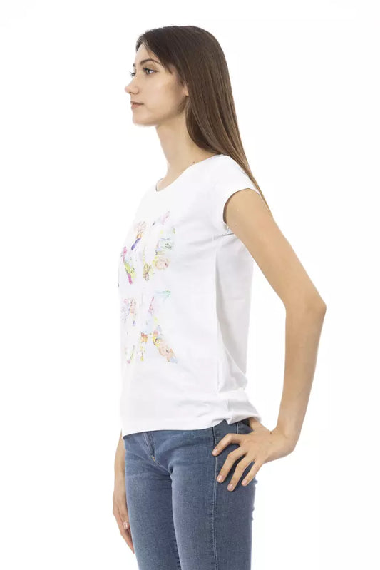 A white cotton women's t-shirt with a floral pattern on the front