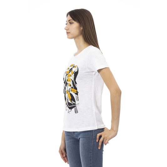 A white cotton women's t-shirt with a graphic design on the front