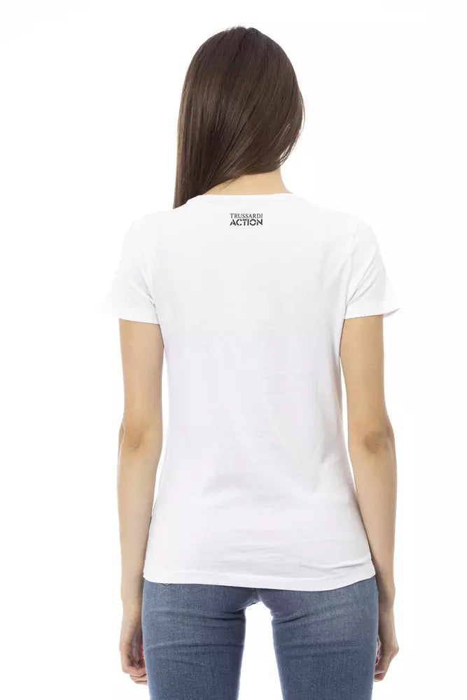 A white cotton women's t-shirt with a black logo on the back
