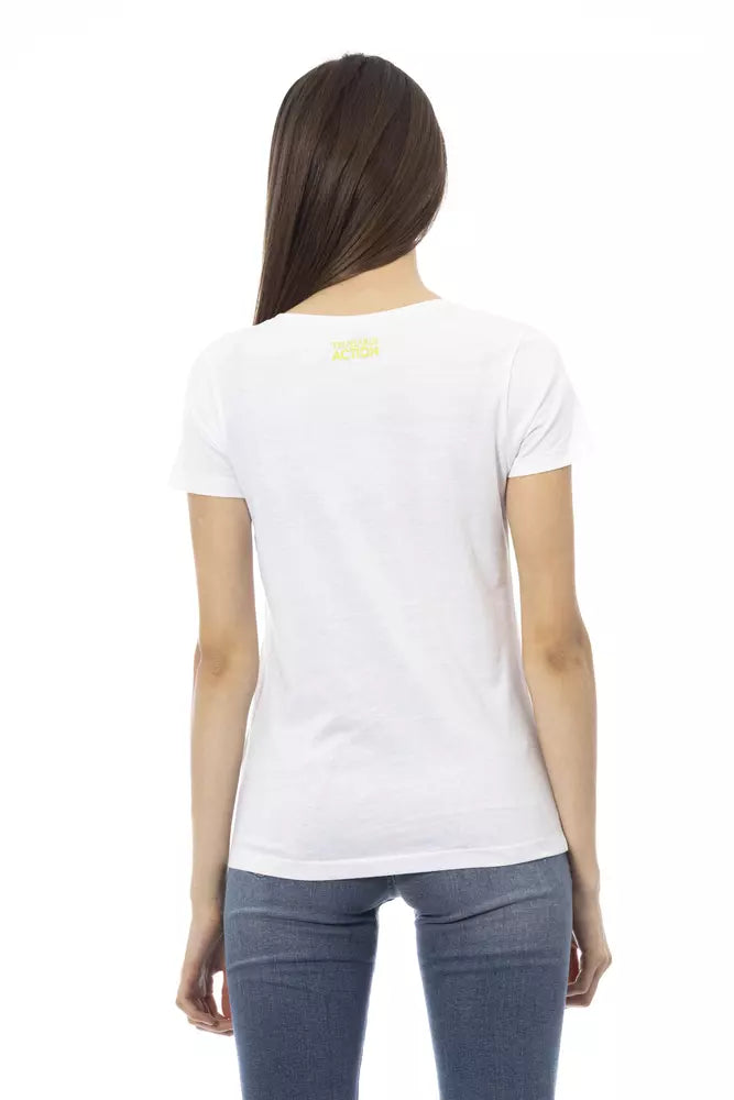 A white cotton women's t-shirt with a logo on the back