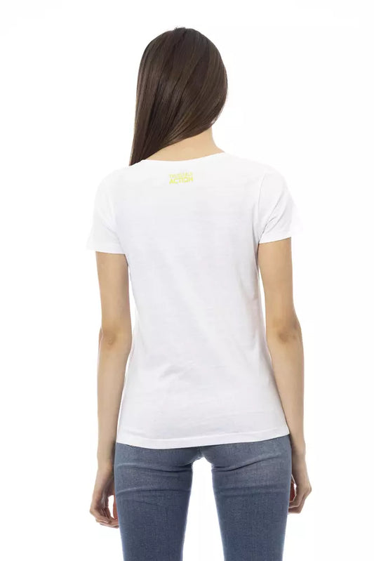 A white cotton women's t-shirt with a logo on the back