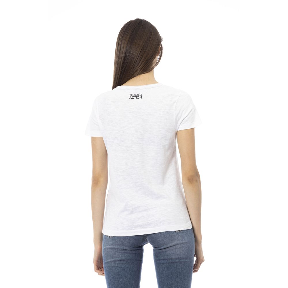 A white cotton women's t-shirt with a black logo on the back