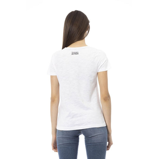 A white cotton women's t-shirt with a black logo on the back