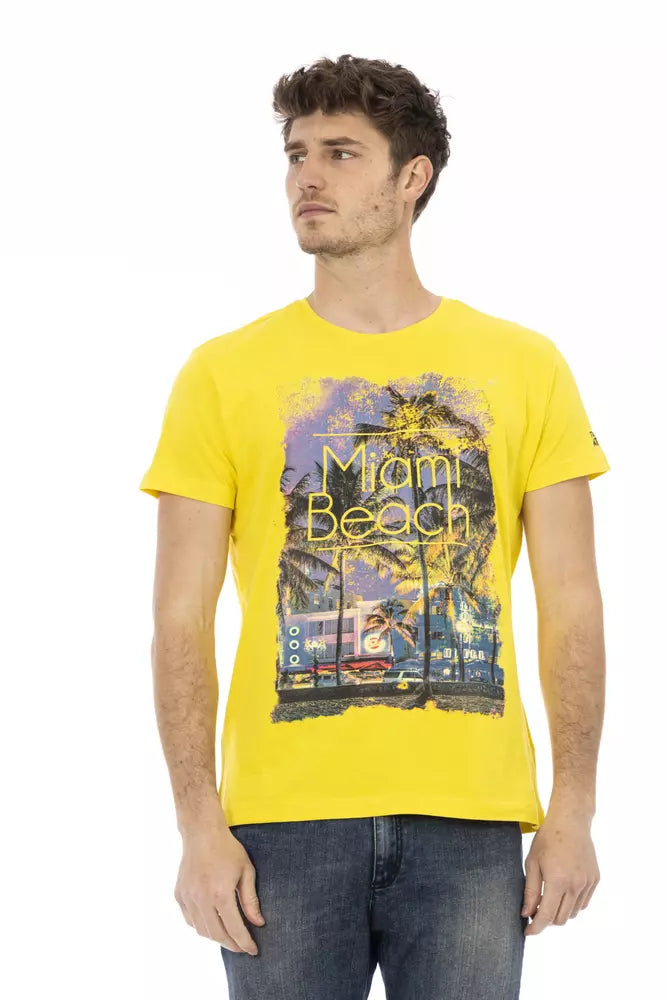 Man wearing yellow t-shirt with Miami beach graphic