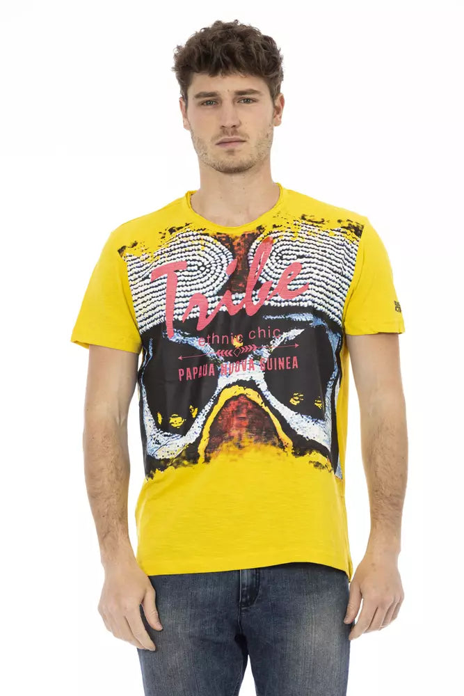 Man wearing yellow graphic t-shirt