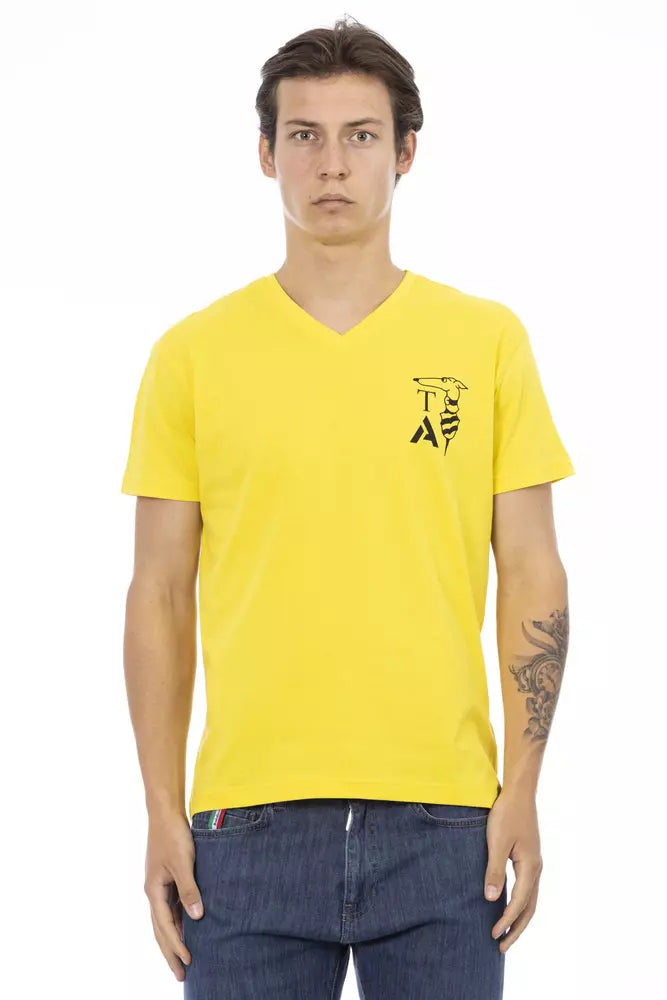 Yellow t-shirt with black logo on front