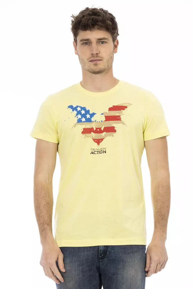 Yellow t-shirt with graphic design on front