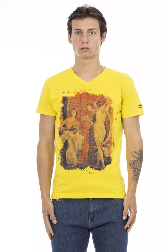 Mannequin wearing yellow t-shirt with art print on front