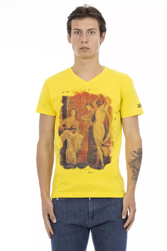 Mannequin wearing yellow t-shirt with art print on front