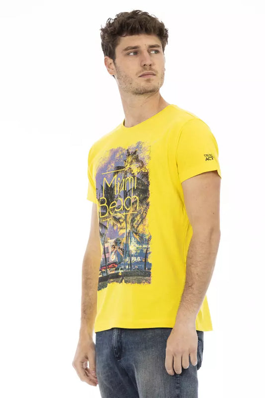 Man wearing yellow t-shirt with graphic design