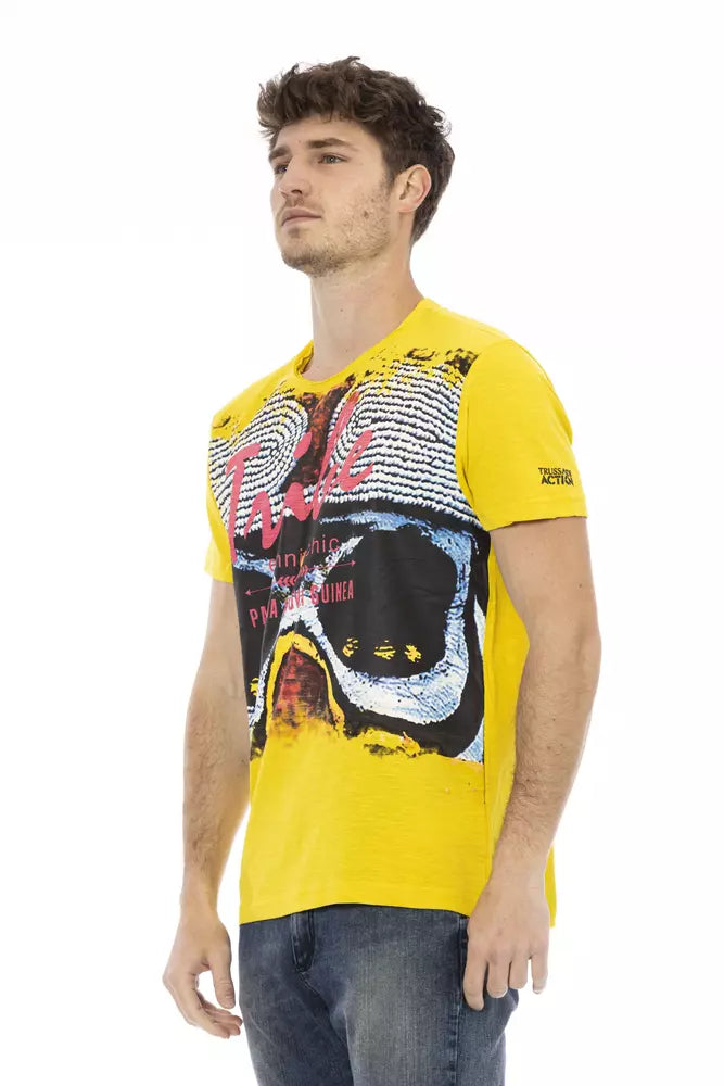 Man wearing yellow graphic t-shirt