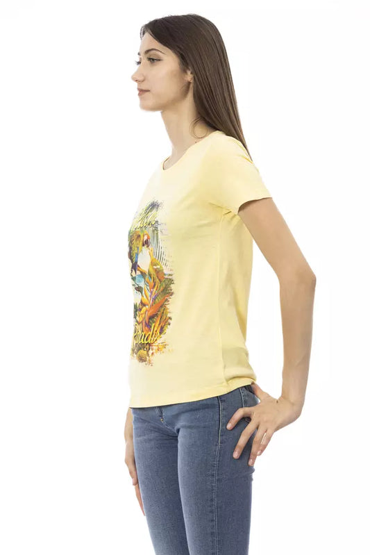 A yellow cotton women's t-shirt with a graphic print on the front
