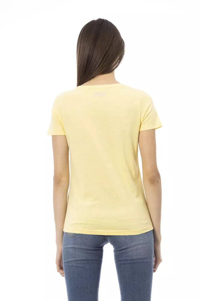 A yellow cotton women's t-shirt with short sleeves and a round neckline