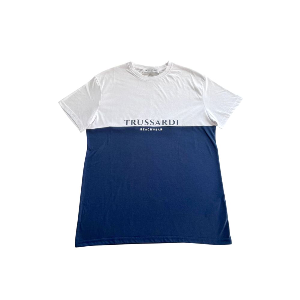 White t-shirt with blue sleeves and collar