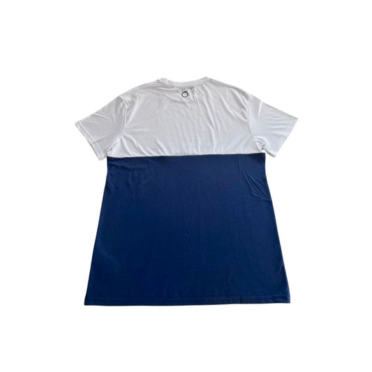 White t-shirt with blue skirt