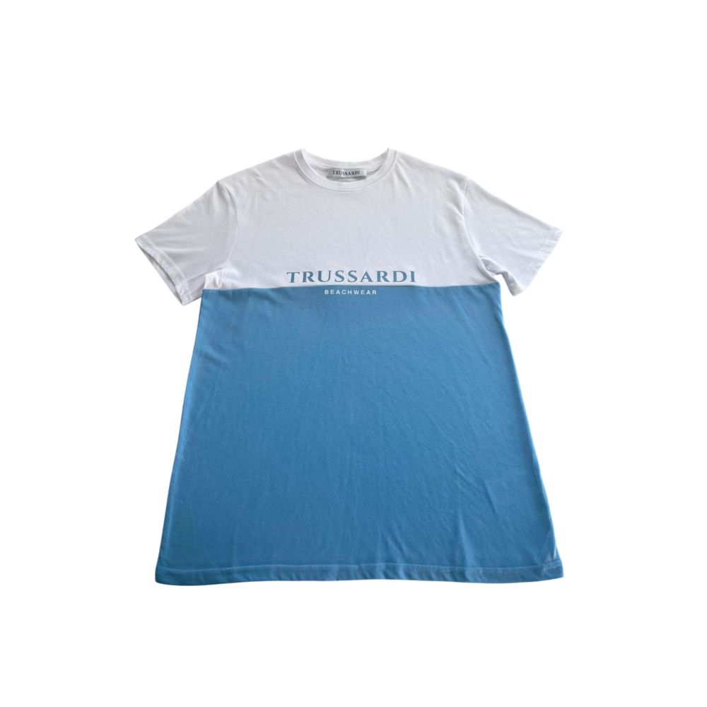 Blue and white t-shirt with a logo on the front