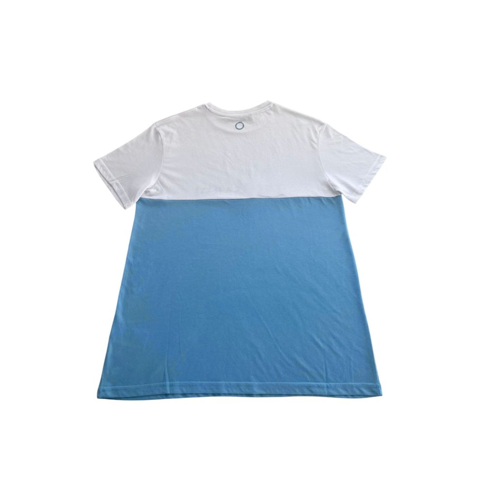 White t-shirt with blue sleeves
