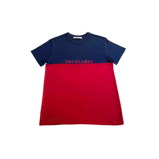 Navy blue t-shirt with red stripe and white lettering