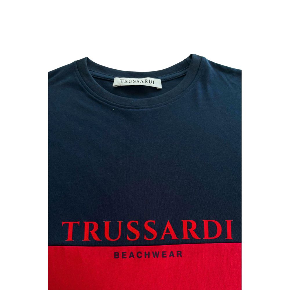 Navy blue t-shirt with red logo on front