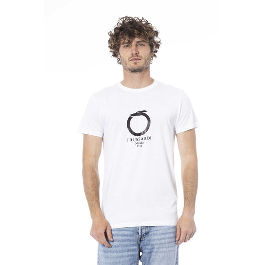 Man wearing white t-shirt with black logo