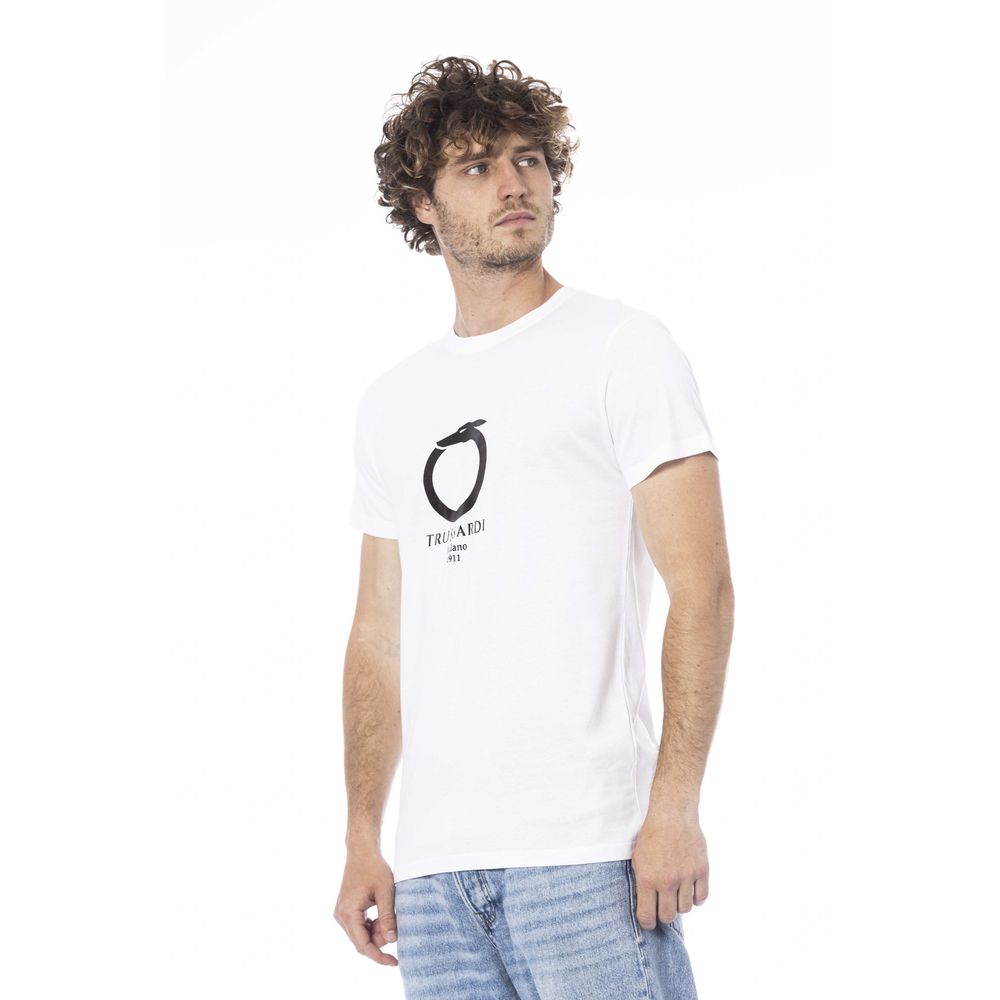 Man wearing white t-shirt with graphic design on front
