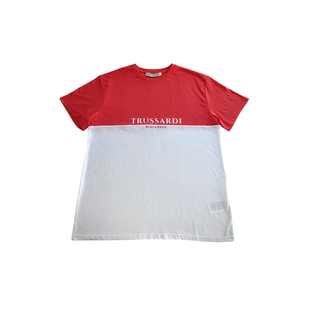 Red t-shirt with white sleeves and a logo on the front