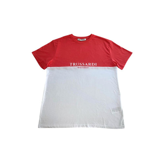 Red t-shirt with white sleeves and a logo on the front