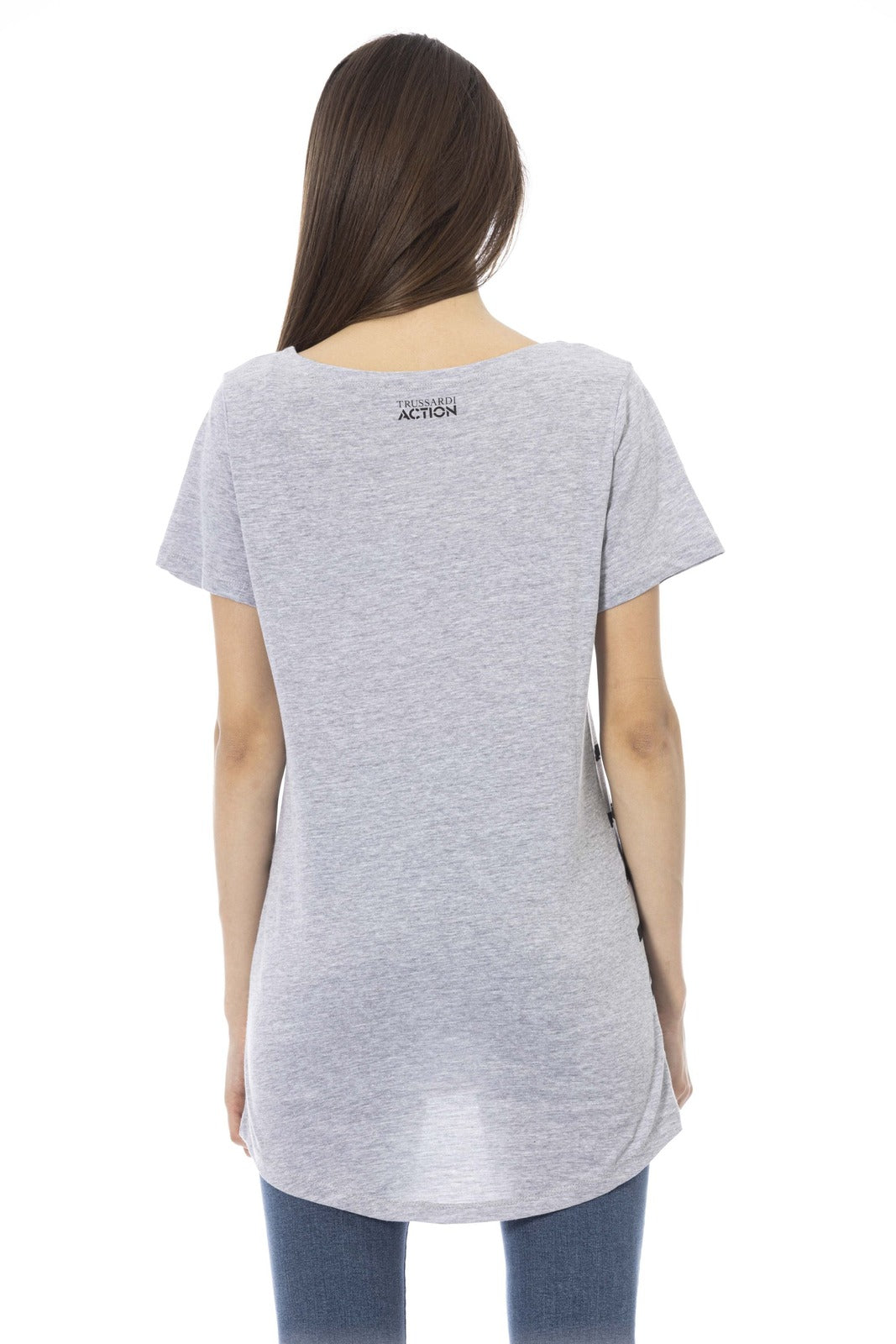 A gray cotton t-shirt with a scoop neckline