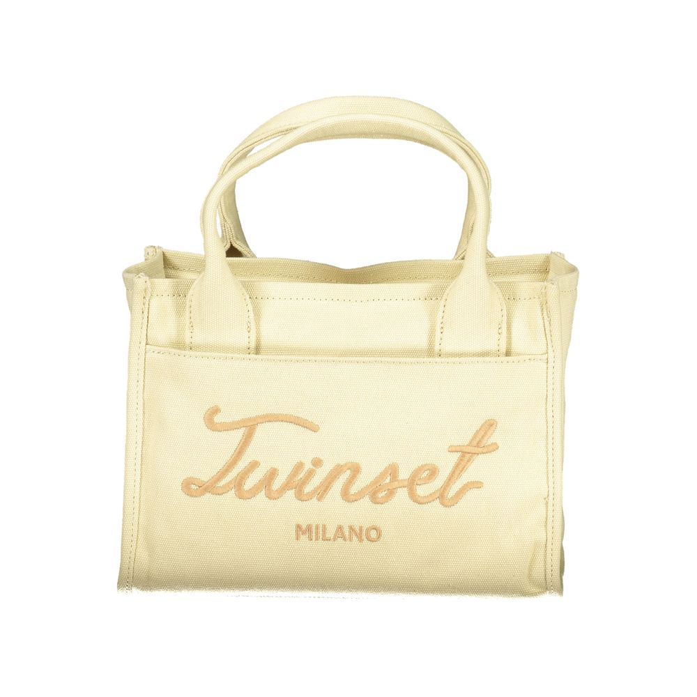Tan tote bag with gold lettering reading "TWINSET MILANO"