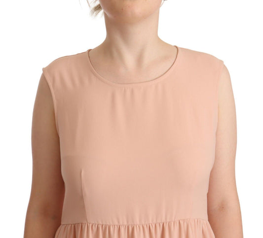 A sleeveless beige polyester dress with a knee length and a V-neckline