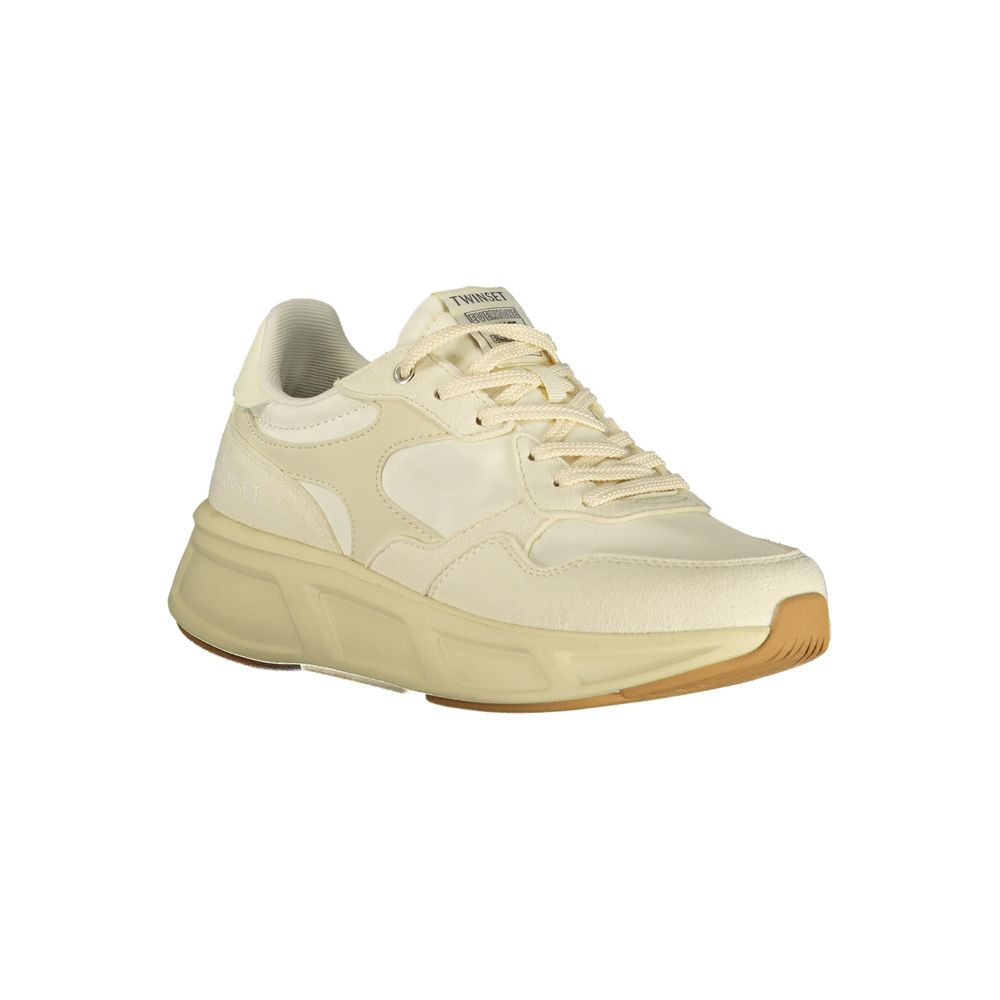 Tan women's sneaker with white laces, polyurethane sole, and logo on side