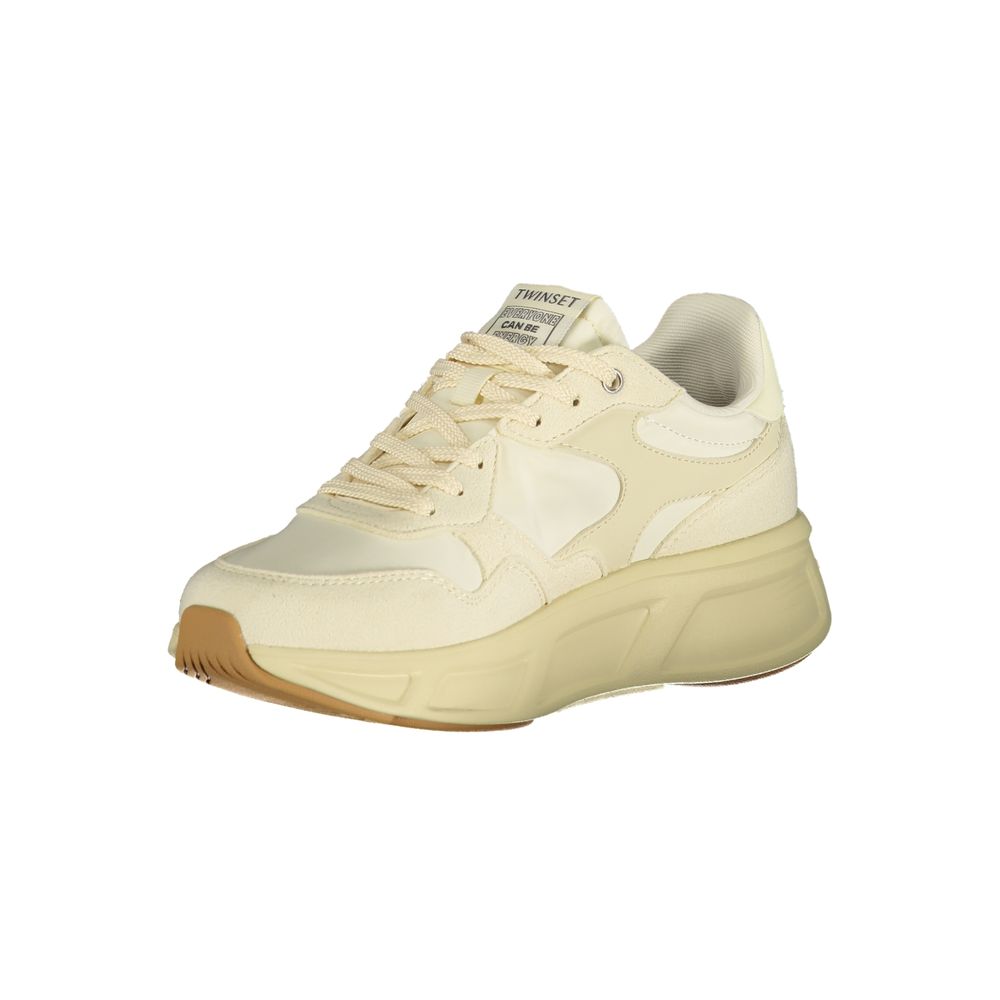 Tan women's sneakers with white laces, polyurethane sole and upper, featuring a textured pattern