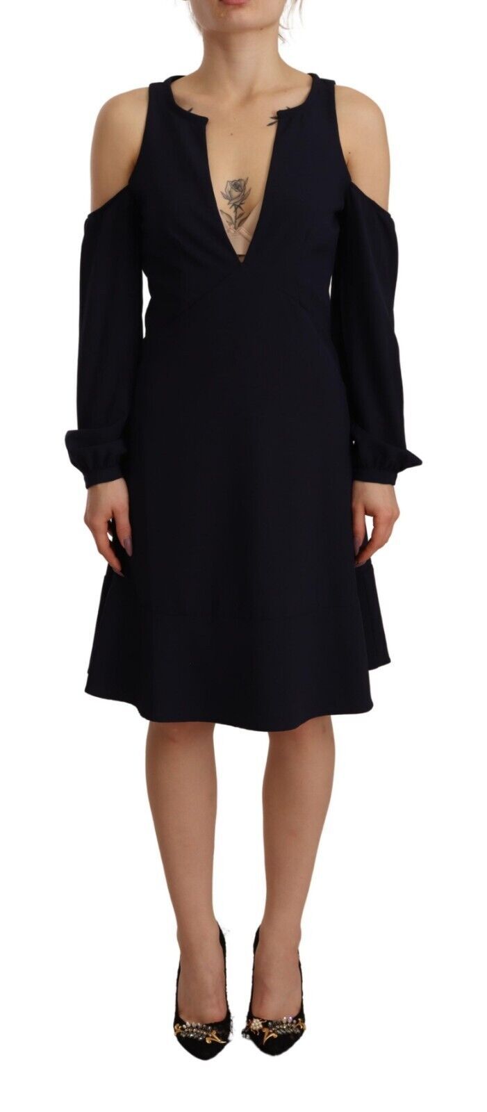 Black off-the-shoulder dress with long sleeves
