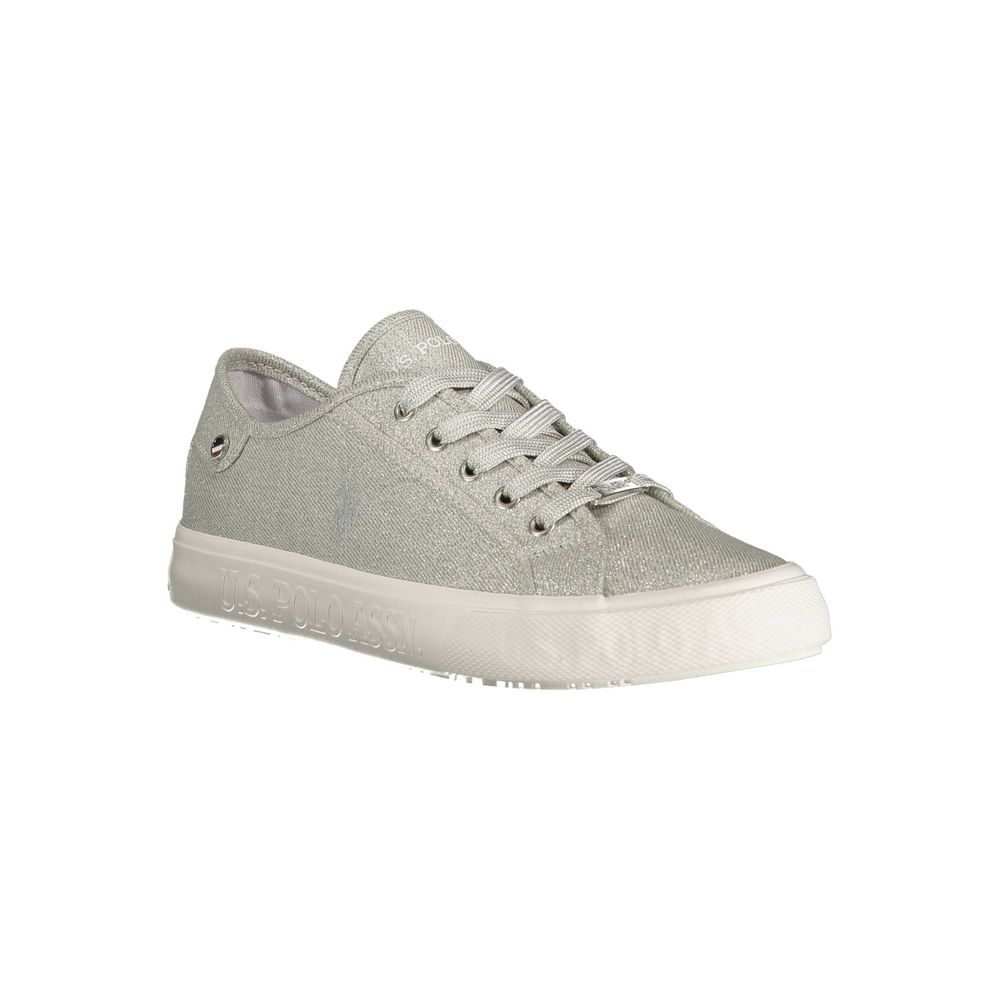 Grey women's sneakers with white soles, laces and trim