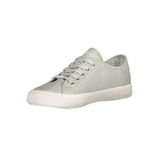 Silver women's sneaker with laces, polyester material, and a low top design