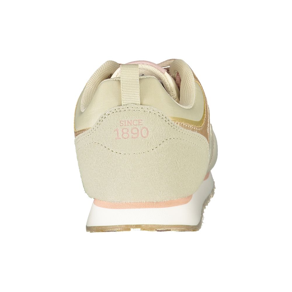 Tan women's sneakers with pink accents, featuring a logo on the side and a textured sole