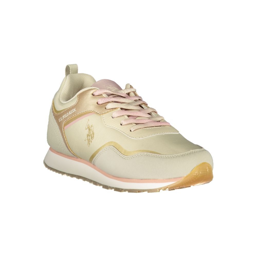 Tan women's sneaker with pink laces and logo, featuring a white sole and heel