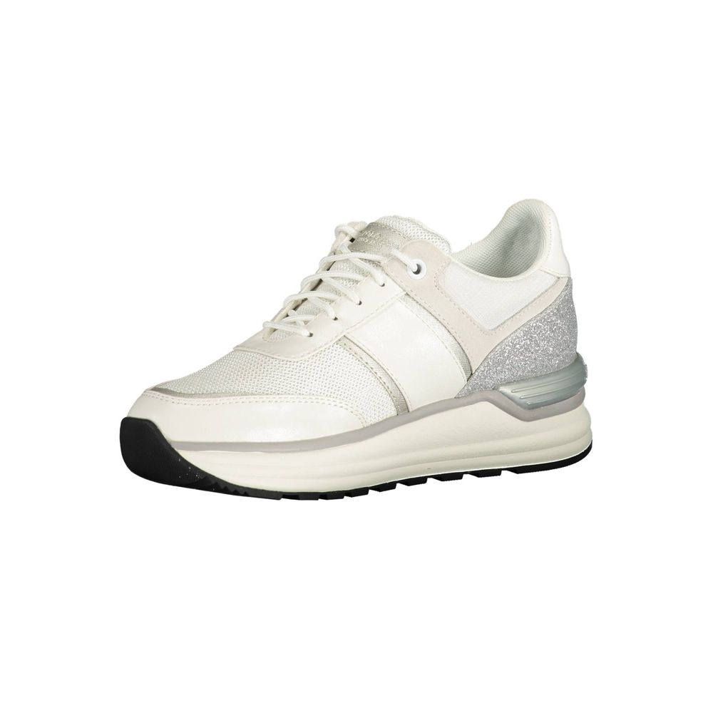 White sneaker with gray accents, featuring a textured upper and a logo on the side