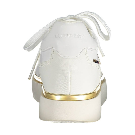 White women's sneaker with gold accents, laces and logo