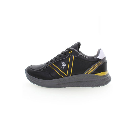 Black polyester men's sneaker with yellow accents and logo, featuring a white sole and laces