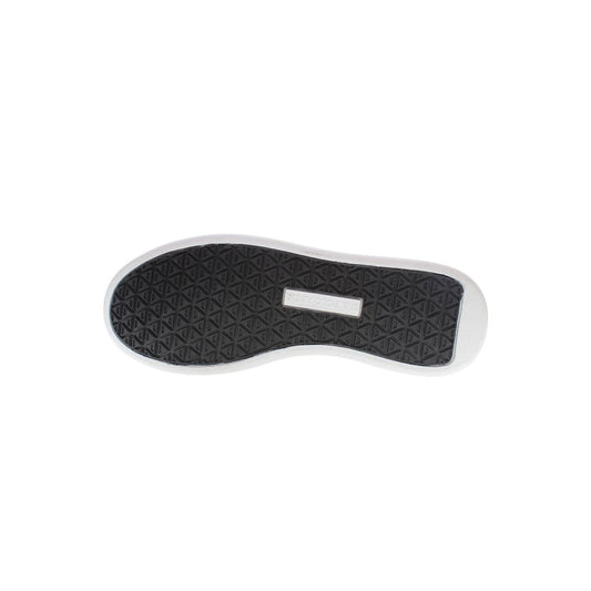Black polyester men's sneaker with white sole and laces, featuring a logo on the side