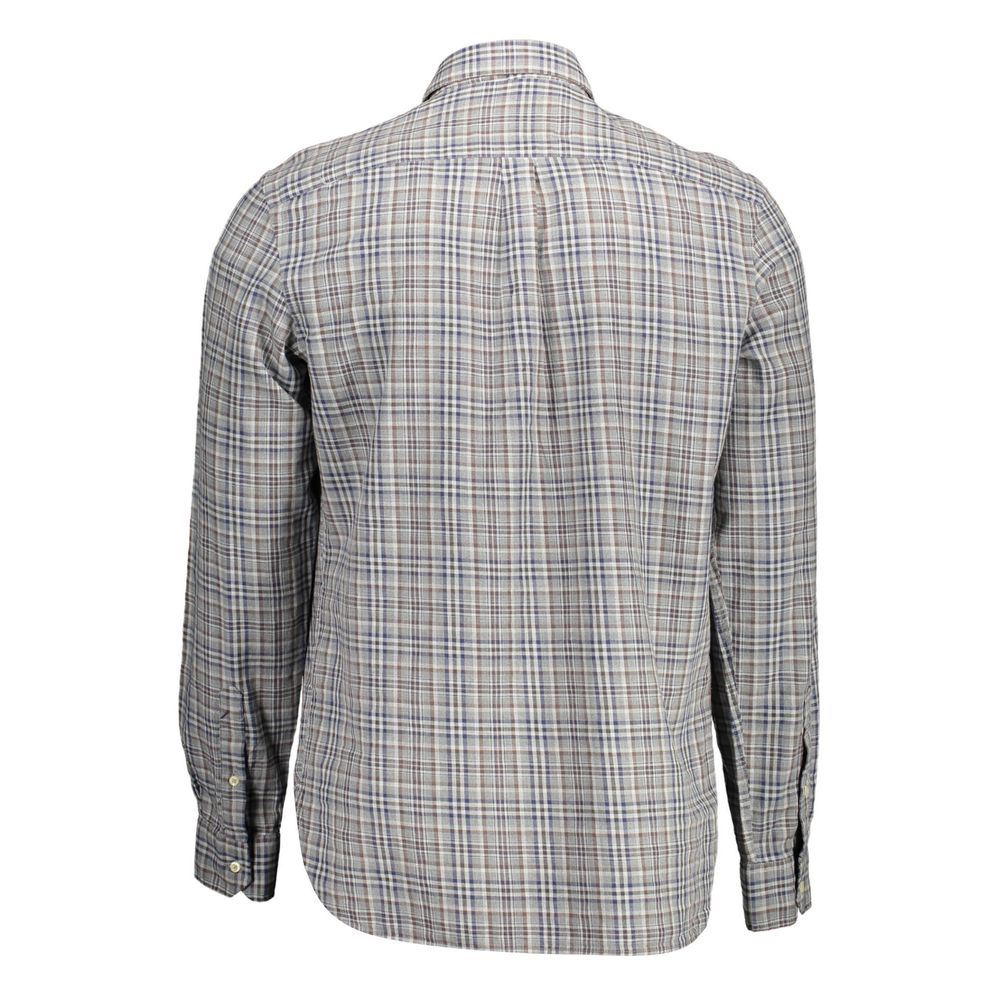 A gray cotton men's shirt with a plaid pattern, featuring short sleeves and two chest pockets