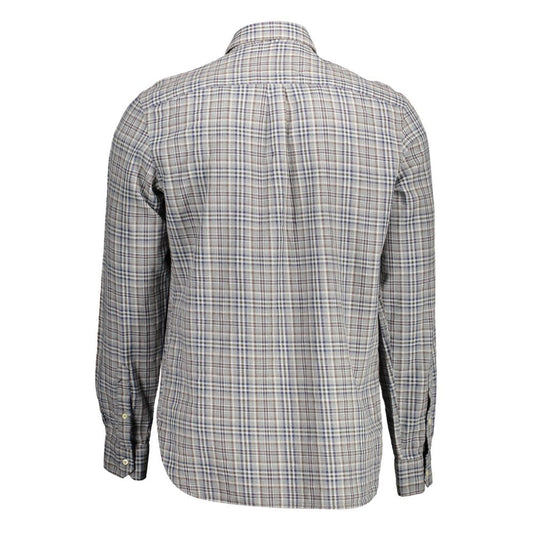 A gray cotton men's shirt with a plaid pattern, featuring short sleeves and two chest pockets