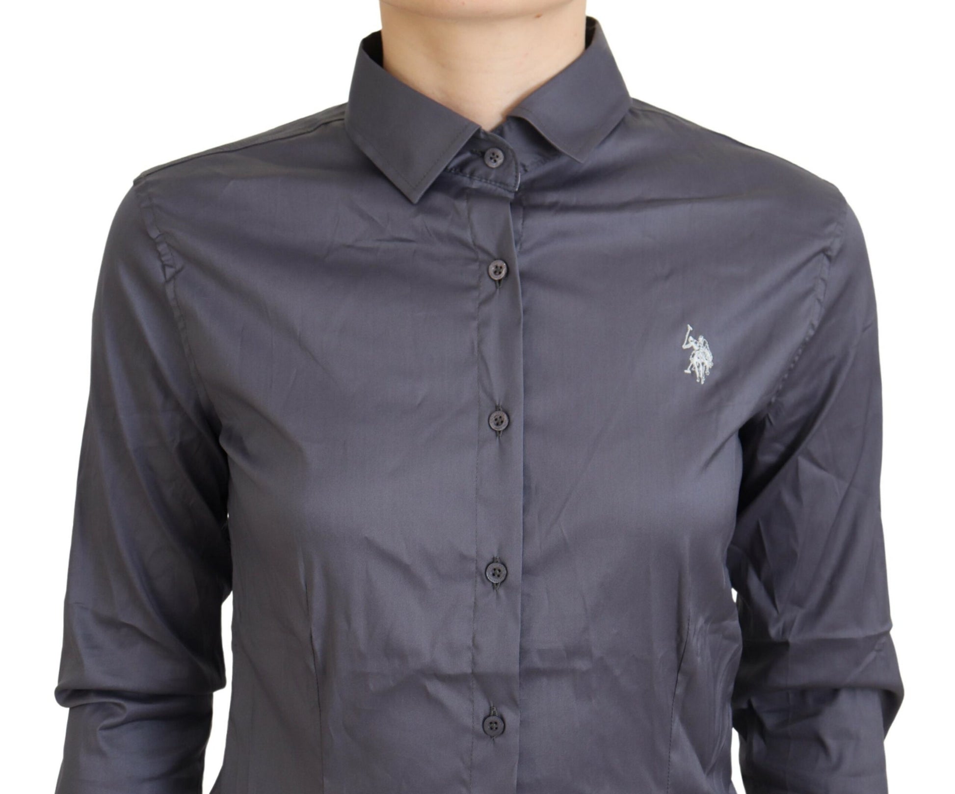 Dark blue shirt with buttoned front and logo on left chest
