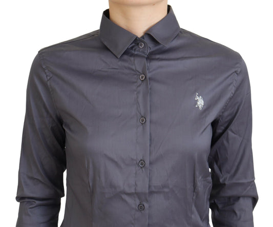 Dark blue shirt with buttoned front and logo on left chest